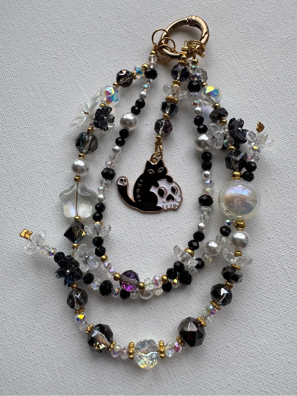 Black Cat & Skull Phone Charm Layered Beaded Charm- Black & Clear